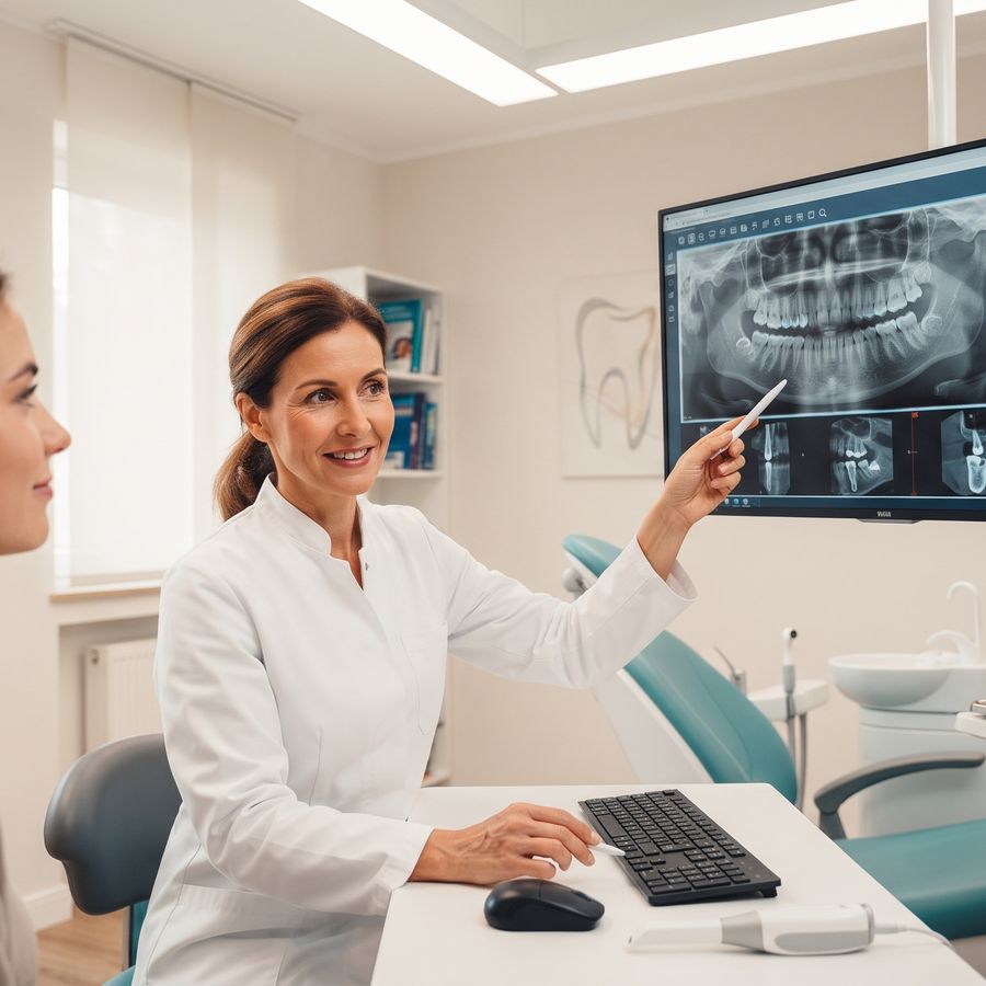 Zahnärztin erklärt einer Patientin die digitale Röntgenaufnahme